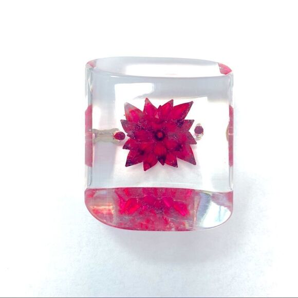1940’s French clear Lucite reverse carved huge red floral button - Picture 2 of 8